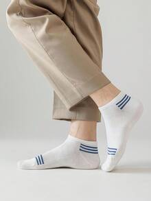 1/5 pares de calcetines de tobillo de algodón a rayas para hombres, calcetines casuales de corte bajo transpirables de malla, adecuados para uso diario en todas las estaciones - Multicolor - Ver 4