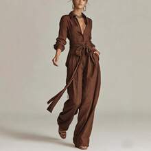 2026 Spring Summer Solid Color High Waist Short Sleeve Long Pants Casual Loose Two Piece Set - 杏色 - 查看 5