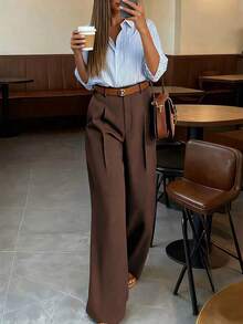 Pantalones de traje de mujer de cintura alta vintage, corte holgado, efecto drapeado, adecuados para otoño, apropiados para uso en la oficina en primavera - Marrón 3 - Ver 7