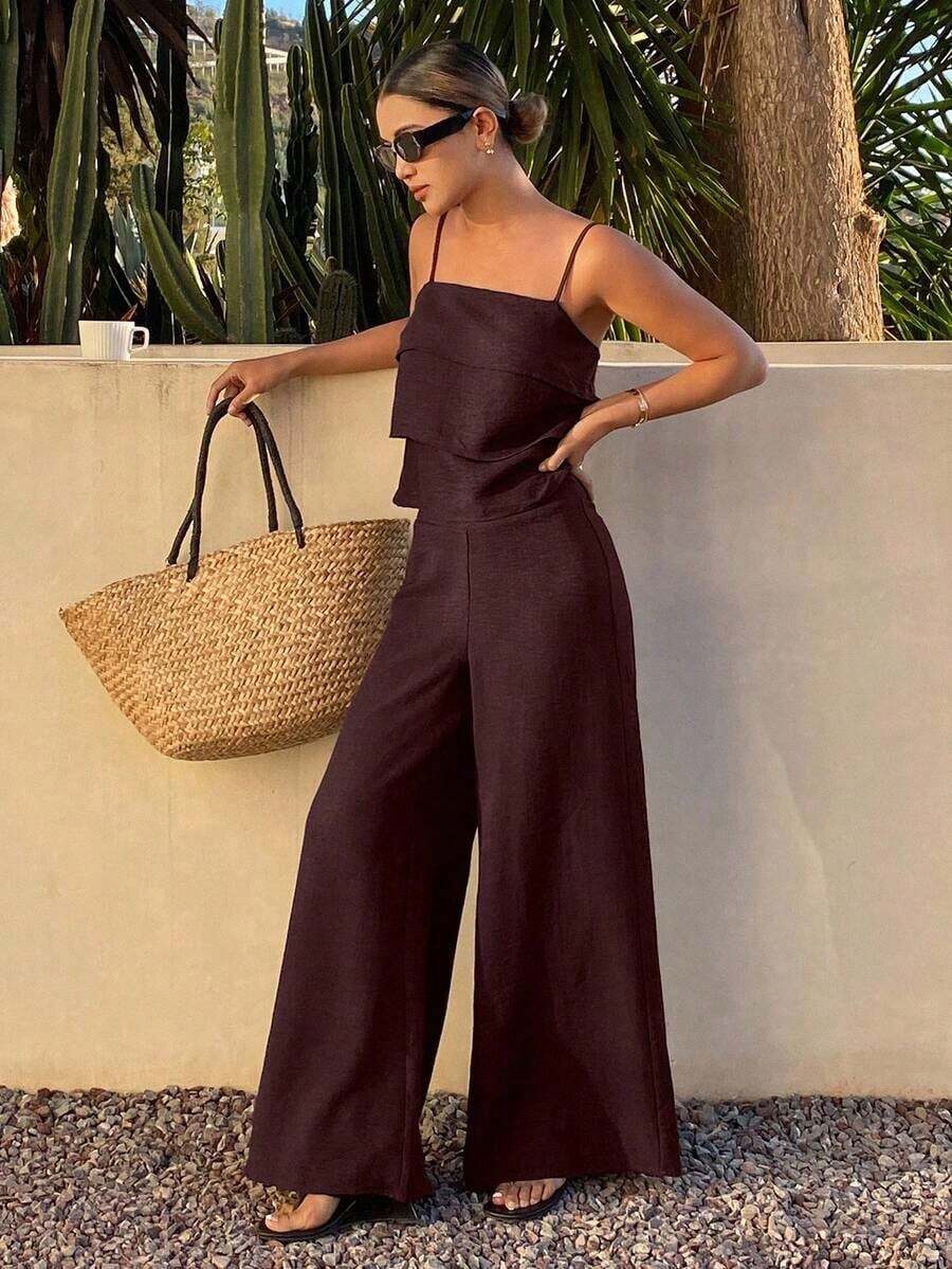 Conjunto de 2 piezas de top de tirantes con volantes y pantalones sueltos casuales de verano para mujer - Burdeos - Ver 1