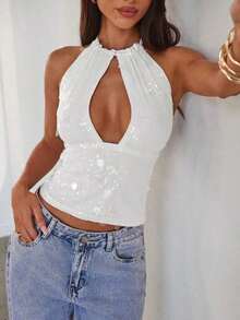 Nuevo camisol de tirantes finos con espalda descubierta y lentejuelas rosas para mujer, elegante y sexy, ideal para el Día de San Valentín, fiestas y viajes - Blanco - Ver 6