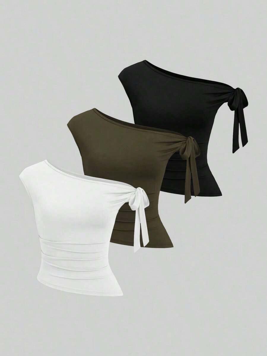 Sweetro Conjunto de 3 piezas para mujer con parte superior de unicolor y cuello asimétrico, cómodo y de moda, adecuado para el verano - Multicolor 5 - Ver 1