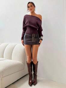 Suéter morado de manga larga, cuello asimétrico y hombros descubiertos, de punto ajustado para mujer, para otoño/invierno - Morado - Ver 7
