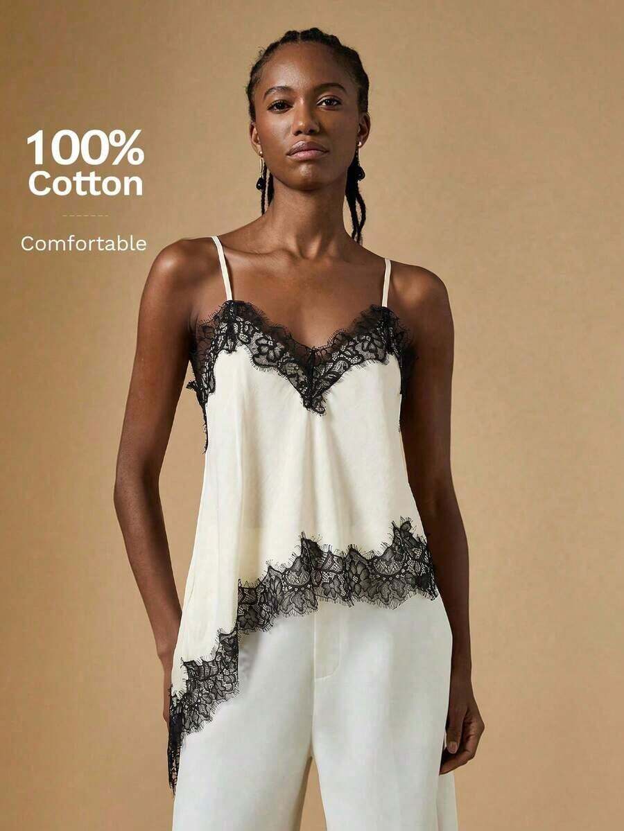 Camiseta de mujer de verano con encaje asimétrico, top blanco, regalo de San Valentín para mujeres, top elegante de mujer, top de verano, vacaciones de mujer, estilo de dinero antiguo / Top camisero de mujer con ribete de encaje de satén y cuello - Blanco - Ver 1