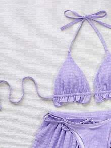 Conjunto de bikini de 3 piezas con parte superior de atar al cuello, estampado de lunares y shorts, con volantes, para mujer, para playa de verano - Morado - Ver 3