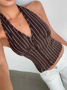 delgado de mujer de algodón con rayas, cuello alto y abotonadura sencilla, para otoño/invierno - Marrón 2 - Ver 8