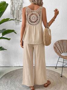 Conjunto de top sin mangas y pantalones de pierna ancha con parte posterior de malla de encaje para mujer, color albaricoque, para primavera/verano - Albaricoque - Ver 6