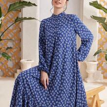 Najma Women Spring Casual Vacation Lantern Sleeves Loose Dress With Floral Print, Ruffle Hem And Small Flower Print, Modest - Rosa vieja - Ver 2