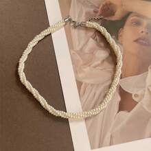 1 chiếc vòng cổ ngọc trai giả, vòng cổ choker xoắn nhiều lớp tối giản sang trọng, vòng cổ thanh lịch thời trang dành cho nữ. - Bạc - Xem 5