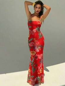 Vestido con estampado floral elegante y espalda descubierta para mujer - Rojo - Ver 7