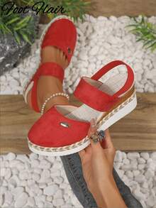 Foot Flair Sandal Wanita Ukuran Plus, Ujung Tertutup, Tanpa Bagian Belakang, Sol Tali Merah, Gaya Liburan Pantai, Mode Musim Semi/Panas, Sandal Wedges Serbaguna, Nyaman, Sol Tebal - Merah - View 3