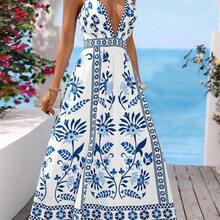 Vacation, traje de vacaciones, traje de verano, vestido romántico con estampado floral blanco y azul para mujer Vestidos boho para mujer Traje de Santorini para mujer Ropa de resort Vestido de vacaciones para mujer Vestidos largos de verano para mujer Vestidos de picnic para mujer Vestidos elegantes de verano para mujer - Azul y blanco - Ver 4