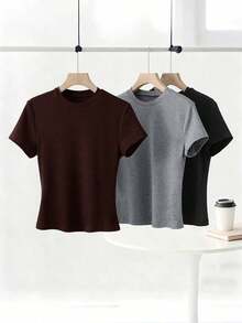 Camiseta casual de mujer de manga corta con cuello redondo de unicolor para verano - Multicolor 6 - Ver 7