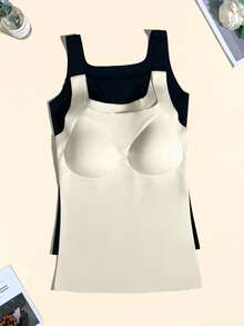 3pcs Atasan Tank Top Elastis Tanpa Jahitan Warna Polos Ukuran Plus Baru dari Bahan Sutra Es dengan Tali Bahu Lebar dan Bantalan Bra Terintegrasi - MultiWarna - View 6