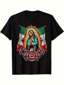 Unisex Graphic T-Shirt Of The Virgin Of Guadalupe With Mexican Flag For Men And Women - Religious And Cultural Design, Black, Roses And Cross, Soft, Breathable And Lightweight Fabric, Regular Fit, Short Sleeve, Crew Neck, Casual Unisex T-Shirt For Everyday Wear - 黑色 - 查看 1