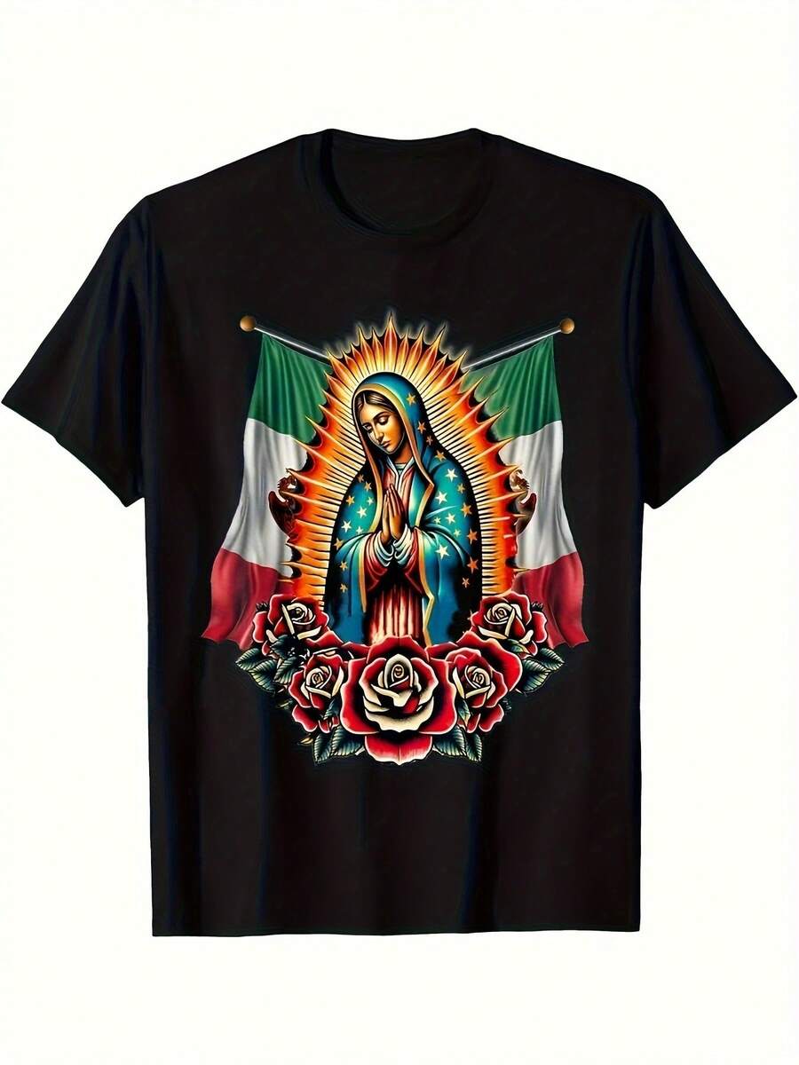 Unisex Graphic T-Shirt Of The Virgin Of Guadalupe With Mexican Flag For Men And Women - Religious And Cultural Design, Black, Roses And Cross, Soft, Breathable And Lightweight Fabric, Regular Fit, Short Sleeve, Crew Neck, Casual Unisex T-Shirt For Everyday Wear - 黑色 - 查看 1