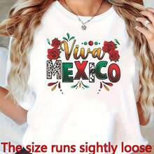 Camiseta de Mujer para el Día de la Independencia de México |   Camiseta Casual Ligera de Manga Corta con Cuello Redondo y Estampado Vibrante de Viva México con Diseño de Maracas, Sombrero y Cactus - Ideal para Fiestas del Cinco de Mayo, Temporada de Primavera - Blanco - Ver 6