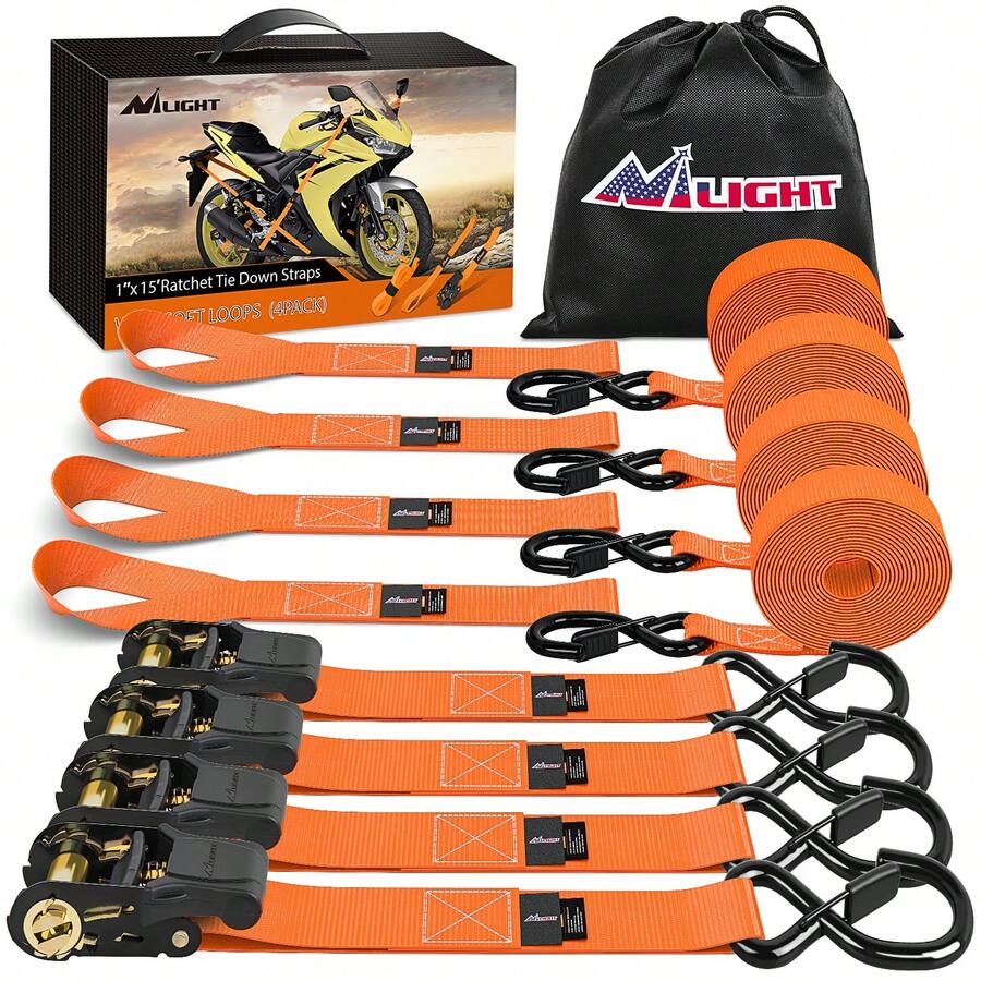 nilight Orange Ratchet Straps 4 Pack 4500Lbs Break Strength With Rubber Handle S Hooks And Soft Loops For Moving Motorcycle Cargo - one-size - View 1