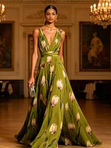 Vestido Maxi Fiesta 2026 Sin Mangas Cuello V Profundo Estampado Tulipanes Multicolor - Verde - Ver 3