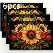 18*11.81 Inch (45*30cm) Sunflower Print Rectangular Placemats, Available In 1/2/4/6/8/30 Sets, Made Of 100% Polyester With Non-Slip And Heat-Resistant Properties, Machine Washable, Hand Washable And Dry Cleanable, Ideal For Daily Dining And Home Decor, Perfect For Country And Boho Style Enthusiasts - Multicolor - View 22