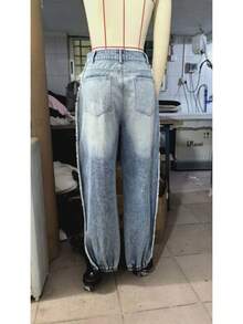 High-Waisted Ripped Jeans With Cuffed Hems, Stylish,  And Street-Style - MÀU XANH NHẠT - Xem 5