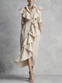 Vestido largo por debajo de la rodilla con cordón, corte holgado favorecedor, botonadura sencilla y volantes, nueva colección primavera-verano 2026 - Albaricoque - Ver 1