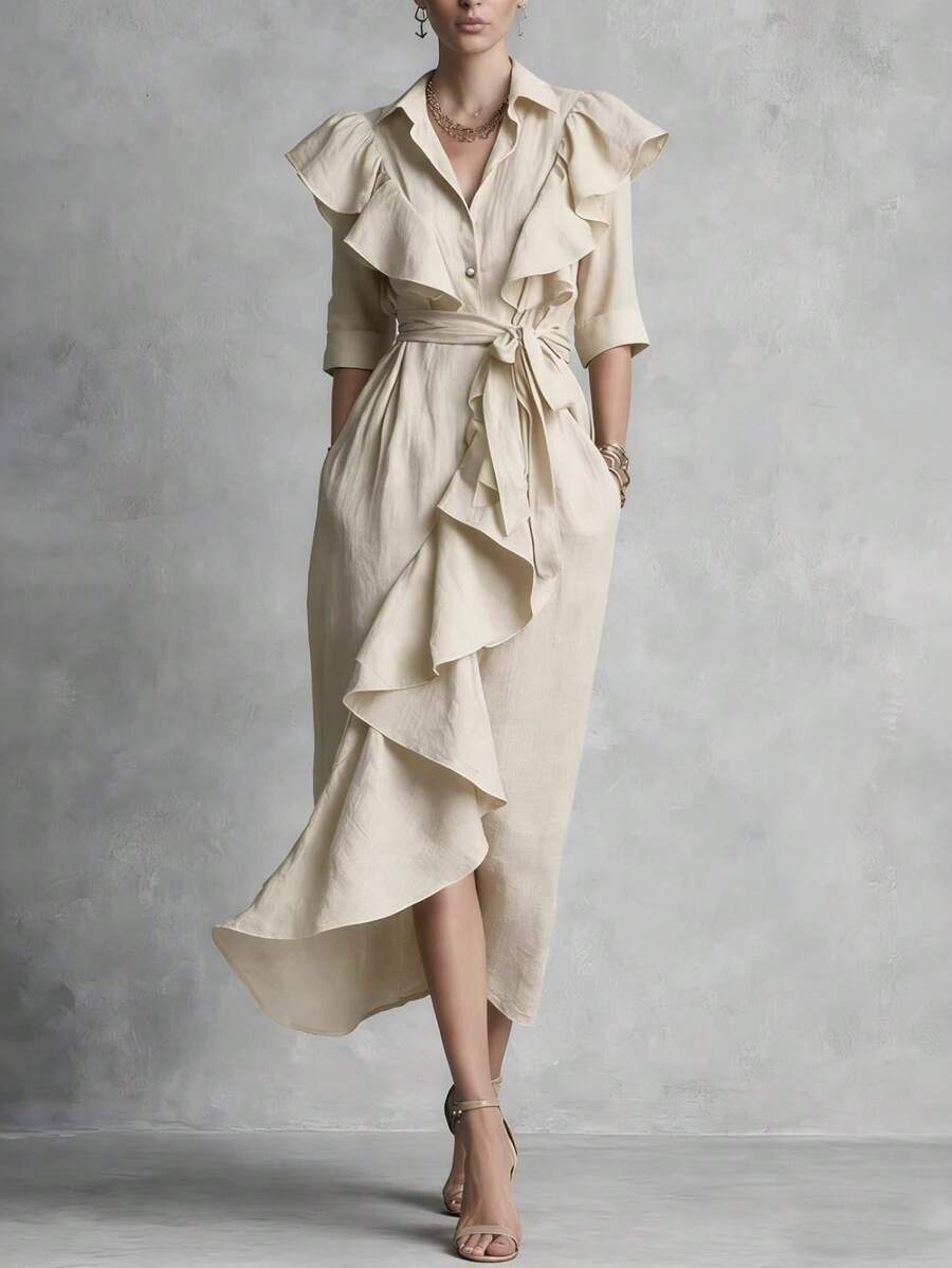 Vestido largo por debajo de la rodilla con cordón, corte holgado favorecedor, botonadura sencilla y volantes, nueva colección primavera-verano 2026 - Albaricoque - Ver 1