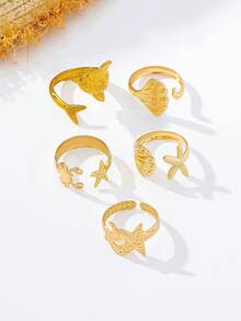 Juego de 5 piezas - Juego de anillos para el dedo del pie de metal con estética oceánica, diseño tridimensional biológico, llamativo juego de anillos para el dedo del pie para vacaciones/fotos (sin caja de regalo) - amarillo dorado - Ver 4