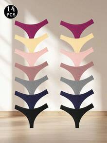 14 Pieces Of Women's Underwear Low Waisted Cotton Thong - Soft And Breathable V-Shaped Pants, Solid Color Simple Women's Underwear, Tangas Para Mujer, 14 Solid Color XS-XL Sizes To Choose From, Ropa Interior Mujer,Ribbed Elastic Comfortable Non Transparent Casual Wear, Daily Essential, Fashionable Style, Soft And Breathable, Modern Women's - 彩色 - 查看 4