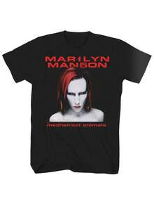 Black Short Sleeve T-Shirt With Marilyn Manson Mechanical Animals Print For Y2K Concerts - Black - View 1