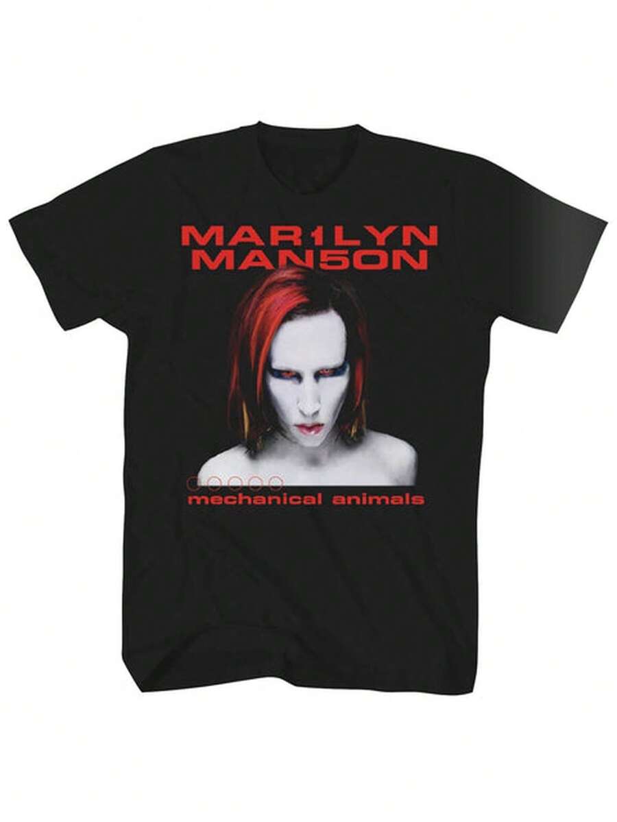 Black Short Sleeve T-Shirt With Marilyn Manson Mechanical Animals Print For Y2K Concerts - Black - View 1