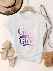1 pieza de camiseta de manga corta con cuello redondo para mujer, estilo casual europeo y americano, talla grande, con estampado de letras, 180g, 100% algodón. - Blanco - Ver 7