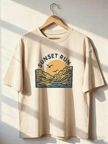 Short-Sleeve T-Shirt With Wave And Seagull Print, Fashionable Short-Sleeve T-Shirt For Spring And Summer 2026, Made In Mexico, 180 Grams. Cartoon Print, Couple Design, Suitable For Indoor Or Outdoor Wear. Crew Neck, Unisex, Ideal For Office And Leisure. One-Piece Pack. - APR-P631577SLNDXZGY421 - 查看 1