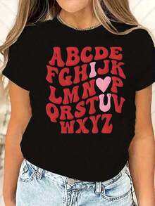 Tops de Verano para Mujer, Camiseta de Cuello Redondo con Estampado de Alfabeto y Corazón, Manga Corta, Estilo Casual para Uso Diario y Regalo - Negro - Ver 7