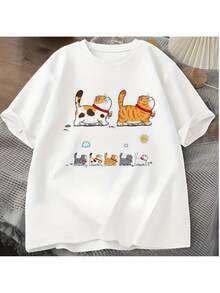 Summer New Arrival Cute Cartoon Walking Cat Print White Cotton Casual Short Sleeve T-shirt for Daily Wear Women's Fitted Short-Sleeve Tee with Fun Graphics, Perfect for Everyday & Casual Work Looks - Blanco - Ver 1