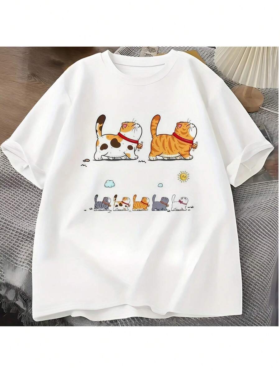 Summer New Arrival Cute Cartoon Walking Cat Print White Cotton Casual Short Sleeve T-shirt for Daily Wear Women's Fitted Short-Sleeve Tee with Fun Graphics, Perfect for Everyday & Casual Work Looks - Blanco - Ver 1
