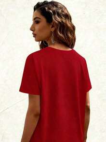 Women's Summer Tops, Women's Cotton Graphic Print T-Shirt, Zumba Style, Short Sleeve, Round Neck, Casual, Loose Fit, Sizes S-5XL, Multicolor Letter Print, Soft And Comfortable Cotton Material, Fashionable Sportswear For Daily Wear, Loose And Comfortable Summer Clothes, 100% Cotton. Suitable For Spring, Summer And Autumn - 紅色 - 查看 2