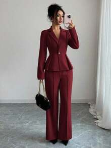 Elenzya Traje elegante que afina la cintura, pantalones acampanados y estilizadores para uso diario, adecuado para vacaciones, citas, Día de la Independencia, atuendo de maestra - Burdeos - Ver 6