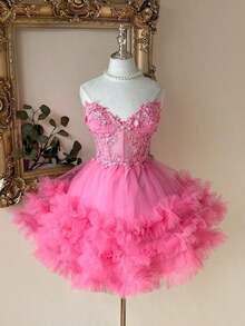 Elegante y lujoso vestido corto hecho a mano con aplicaciones bordadas, encaje de ganchillo y parches de satén, con abertura en la cintura, adecuado para citas, fiestas de solteros, galas, bailes, Día de San Valentín - Rosa - Ver 6