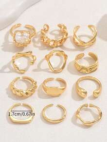 12pcs/Set Pearl Teardrop Adjustable Rings, Geometric Unique Design Elegant Rings, Suitable For Graduation, Anniversary, Festivals, Parties, Daily Wear, Jewelry Gift For Women - Gold - View 3