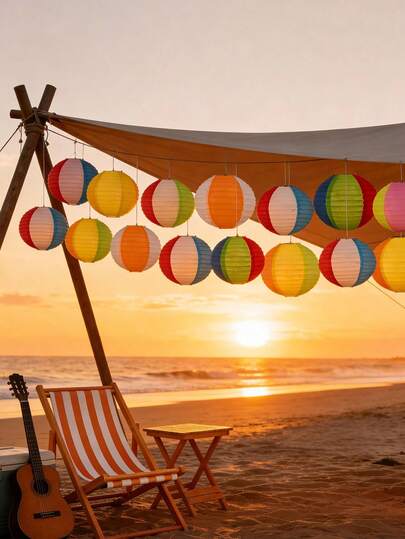 15pcs/Set Color Beach Balls Paper Lanterns For Pool Party Decorations,DIY Hanging Pool Summer Luau Hawaiian Tropical Party Decorations,For Birthday Party Decor,For Summer Pool Camping Indoor Outdoor Party Decor Supplies