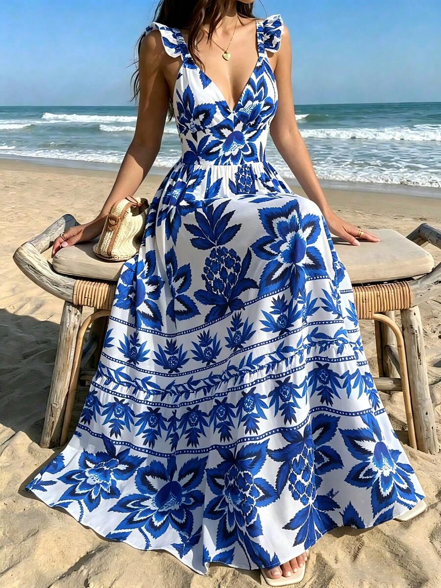 Amore Women's Summer Blue And White Tropical Flower Pineapple Printed Strap Top Long Dress With V-Neck And Ruffle Edge, Cinched Waist For Slimming, Suitable For Beach, Island, Beach, Travel Check-In, Vacation, Light Party, Tropical Style Dressing, Summer Dress,Festival Dresses,Elegant Dresses For Party,Wedding Guest Dress For Women,Beach Dress,Casual Dresses For Women,Vacation Outfits Women - Blue and White - View 1