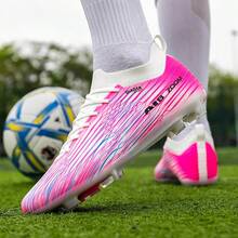 Tacos de fútbol profesionales de colores brillantes, estilo de cordones de caña baja, adecuados para partidos y entrenamientos en césped artificial/natural - Rosa - Ver 3
