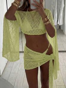 Conjunto de 2 piezas de mujer para primavera/verano con textura de jacquard, blusa tipo chal y minifalda de estilo envolvente, ropa de playa/resort para mujer - Verde - Ver 1