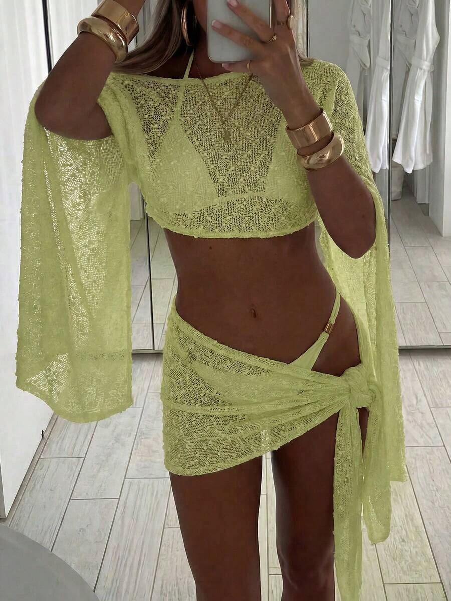 Conjunto de 2 piezas de mujer para primavera/verano con textura de jacquard, blusa tipo chal y minifalda de estilo envolvente, ropa de playa/resort para mujer - Verde - Ver 1