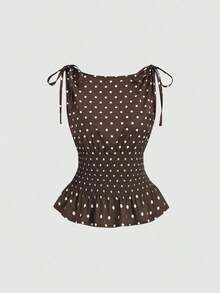 Blusa informal versátil de mujer con diseño de lunares, lazada en el hombro y cordón ajustable en la cintura, apropiada para uso diario y viajes, primavera/verano - Café integral - Ver 6