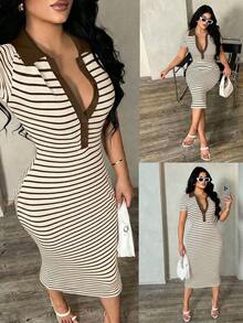 Vestido polo de manga corta a rayas blanco y negro de estilo minimalista y casual para ir al trabajo, vestido de punto de media longitud con ajuste ceñido y gran elasticidad, vestido elegante francés - Café integral - Ver 7