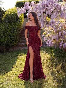 Đầm dạ hội/cocktail một vai xuyên thấu đính sequin, kiểu đuôi cá, cạp cao, xẻ tà, lưng hở, thiết kế buộc dây, thích hợp cho các buổi tiệc tối trang trọng. - Màu Đỏ Sâu - Xem 6
