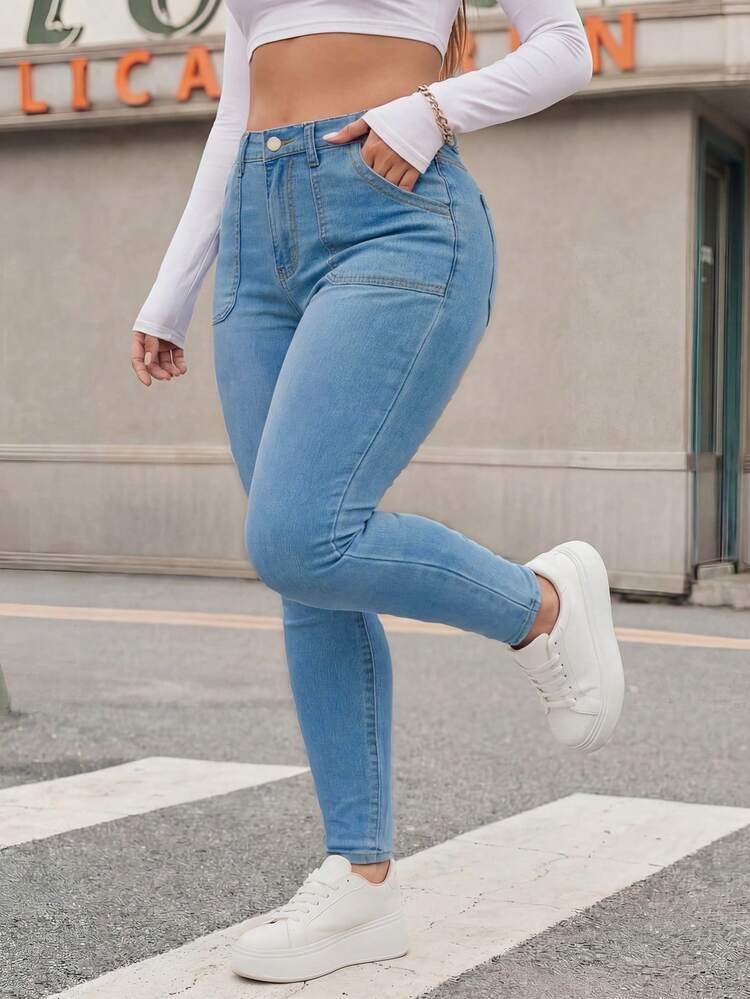 Quần jean skinny lửng cỡ lớn dành cho nữ, chất liệu denim mềm mại, dáng ôm vừa phải, có cúc và túi. - Màu xanh lam - Xem 8
