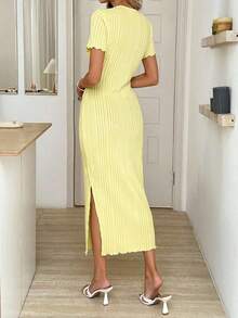 Vestido Midi Casual de Mujer , Color Amarillo Crema, Tejido Acanalado - Amarillo - Ver 3